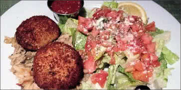 Crabcakes on Eggplant Orzo with Side of Salad