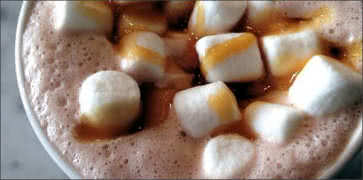 Hot Chocolate with Marshmallows and Caramel Sauce